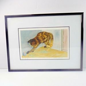Drew Strouble Signed Framed Cat kitty Art Emily's Toy 13" x 9.5"